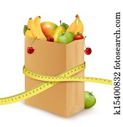 Fresh vegetables in a paper grocery bag with measuring tape. Concept of diet. Vector