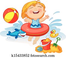 Funny little girl swims in a sea