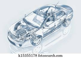 Generic sedan car detailed cutaway representation, with ghost effect, in pencil drawing style, on neutral backgound. Clipping path included. Generic sedan car detailed cutaway representation, with ghost effect, in pencil drawing style, on neutral backgound. Clipping path included.