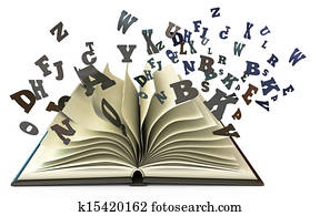 geöffnetes buch, mit, fallender, briefe