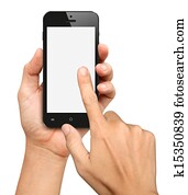 Hand holding and Touch on Black Smartphone