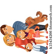 Happy family of four and two pets Happy family of four and two pets