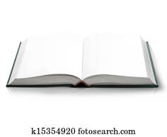 Hard cover Open book with empty blank pages, viewed by bird eye perspective.