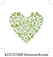 Healthy food background, heart shape sketch for your design Healthy food background, heart shape sketch for your design
