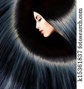 Healthy Long Black Hair. Beauty Brunette Woman