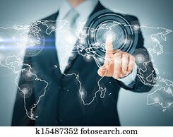 homem negócios, botão urgente, com, contato