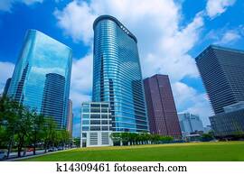 houston, stadtzentrum, wolkenkratzer, disctict, blauer himmel, spiegel