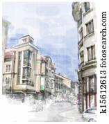 illustratie, van, stad, straat., watercolor, style.