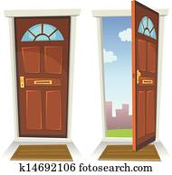 karikatur, rot, door,, offenes, und, geschlossene karikatur, rot, door,, offenes, und, geschlossene