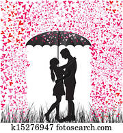 Kissing couple heart rain. Man and