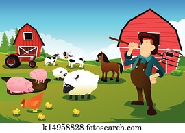 landwirt, und, traktor, in, a, bauernhof, mit, bauernhoftiere, und, scheune landwirt, und, traktor, in, a, bauernhof, mit, bauernhoftiere, und, scheune