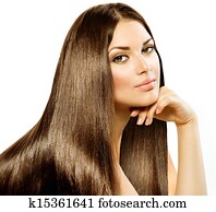 Long Straight Hair. Beautiful Brunette Girl isolated on white 