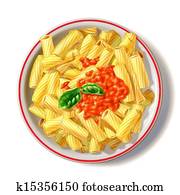 Macaroni plate with tomato sauce and basil, viewed from top. Macaroni plate with tomato sauce and basil, viewed from top.