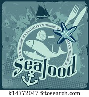 meeresfrüchte, altmodisch, plakat meeresfrüchte, altmodisch, plakat