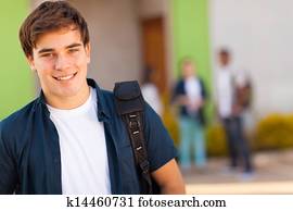 menino adolescente, carregar, schoolbag