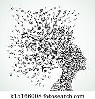 mulher, cabeça, notas música, respingo