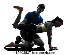 mulher, exercitar, prancha, posição, condicão física, malhação, com, homem, treinador