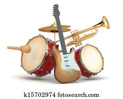 Musical instruments. Guitar, drums and trumpet. Musical instruments. Guitar, drums and trumpet.