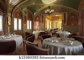 Old antique restaurant interior, with decorations.