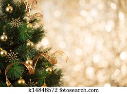 ouro, natal, fundo, de, defocused, luzes, com, decorado, tre