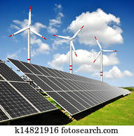 painéis energia solar, turbinas vento