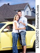 pareja, con, un, coche, key.