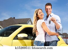 pareja, con, un, coche, key.