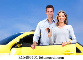 pareja, con, un, coche, key.