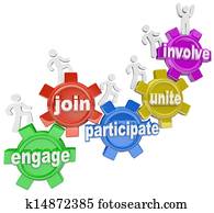 participar, gente, montañismo, engranajes, ensamblar, ocupar, implicar