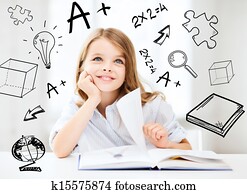 pequeno, estudante, menina, estudar, em, escola