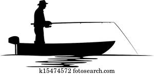 pescador, em, um, bote, silueta