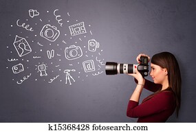 Photographer girl shooting photography icons Photographer girl shooting photography icons