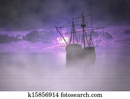 Pirate Ship at Sunrise with Fog Pirate Ship at Sunrise with Fog