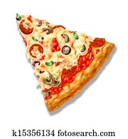 Pizza triangle shape, with mozzarella cheese and several ingredients on it. Airbrush illustration. On white background with clipping path included. Pizza triangle shape, with mozzarella cheese and several ingredients on it. Airbrush illustration. On white background with clipping path included.