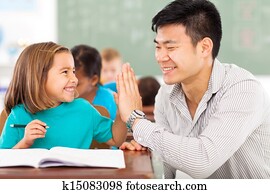 professor escola primária, e, estudante, alto cinco