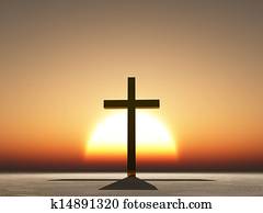 pôr do sol, ou, amanhecer, com, crucifixos