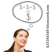 Saving money concept with smiling happy woman isolated on white