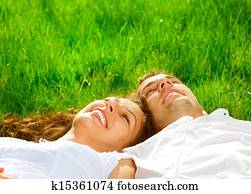 sorrir feliz, par, relaxante, ligado, verde, grass., parque