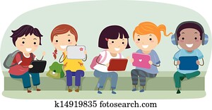 Stickman, crianças, com, tabuleta, computadores, em, escola