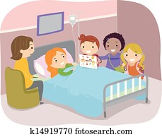 Stickman, crianças, visitando, um, paciente, em, um, hospitalar