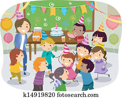 stickman, niños, escuela, fiesta de cumpleaños