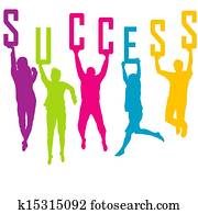 sucesso, representação, com, colorido, pessoas, silhuetas