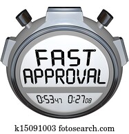 The words Fast Approval on a stopwatch or timer to illustrate speed in response and answer when applying for a mortgage, loan or waiting on a credit check or acceptance