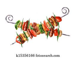 Two crossed skewers kebab with mixed mest and vegetables. Two crossed skewers kebab with mixed mest and vegetables.