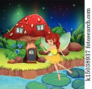 um, fada, voando, perto, a, vermelho, cogumelo, casa