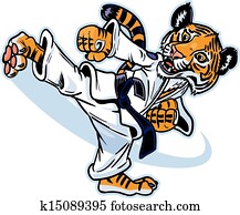 um, filhote tigre, artista marcial, chutando