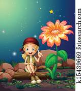 um, menina jovem, sentando, acima, um, registro, perto, a, gigante, flor