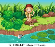 um, menina, sentando, em, a, rocha, ao lado, a, rio