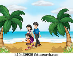 un, familia caminar, en la playa