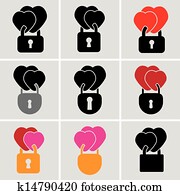 vector, matrimonio, y, amor, símbolos, de, corazones